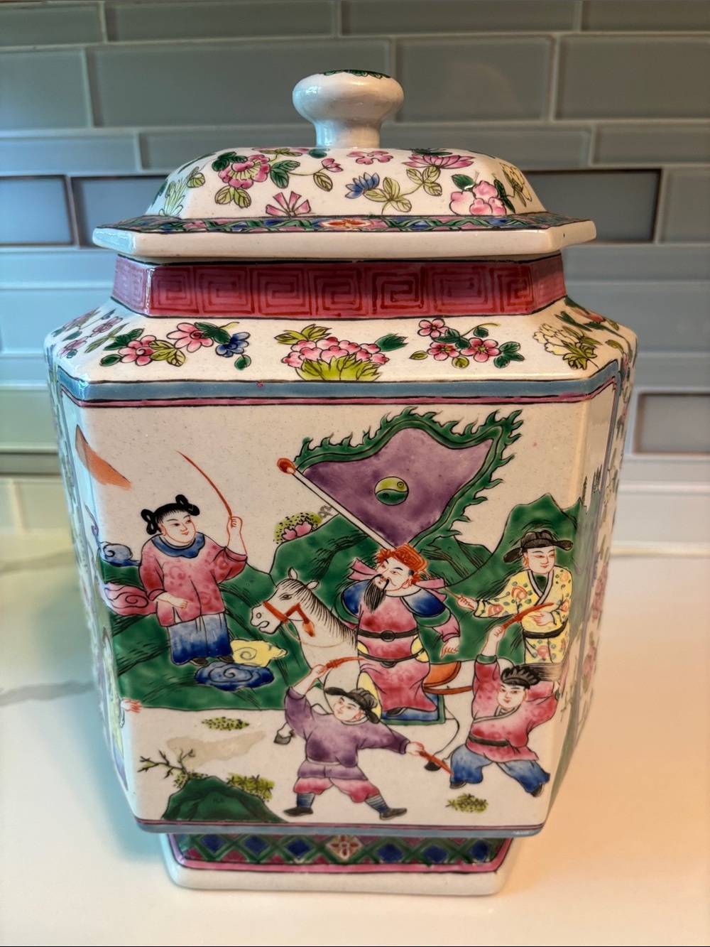 Antique Chinease Porcelain Covered Hexagonal Caddy